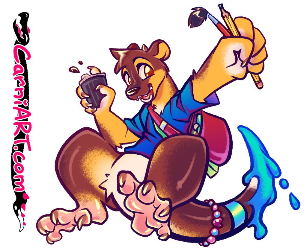 Rikali. The mascot of the Melbourne Furry Makers Market. Excitedly jumping with art supplies in their hand.